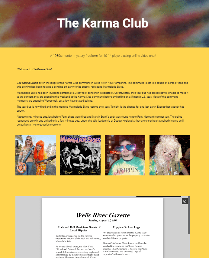 Website for The Karma Club online murder mystery party