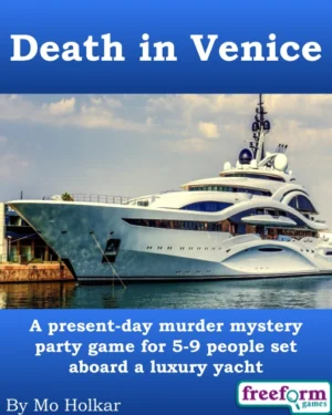 Cover to the Death in Venice murder mystery game showing a luxury yacht