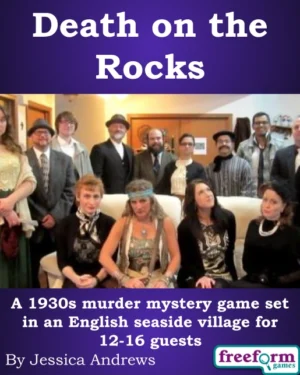 Cover to Death on the Rocks, a murder mystery game