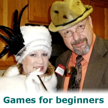 An older couple playing a murder mystery game