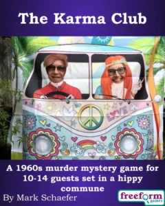 Cover to The Karma Club, a murder mystery game.