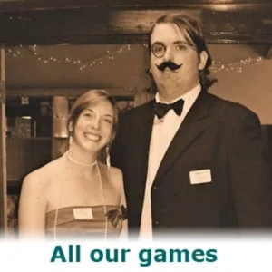 Two people in costume playing a murder mystery game.